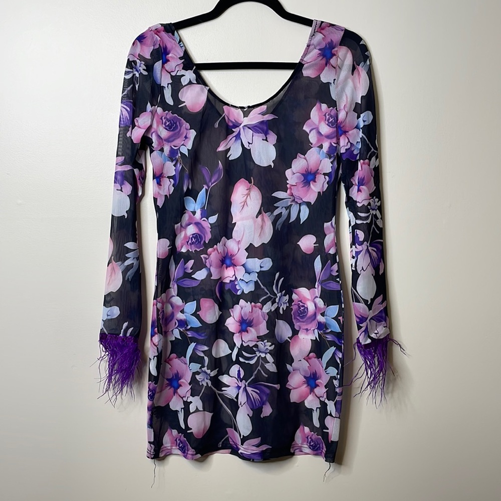 Sheer floral women’s mini dress with fringe fur long sleeves